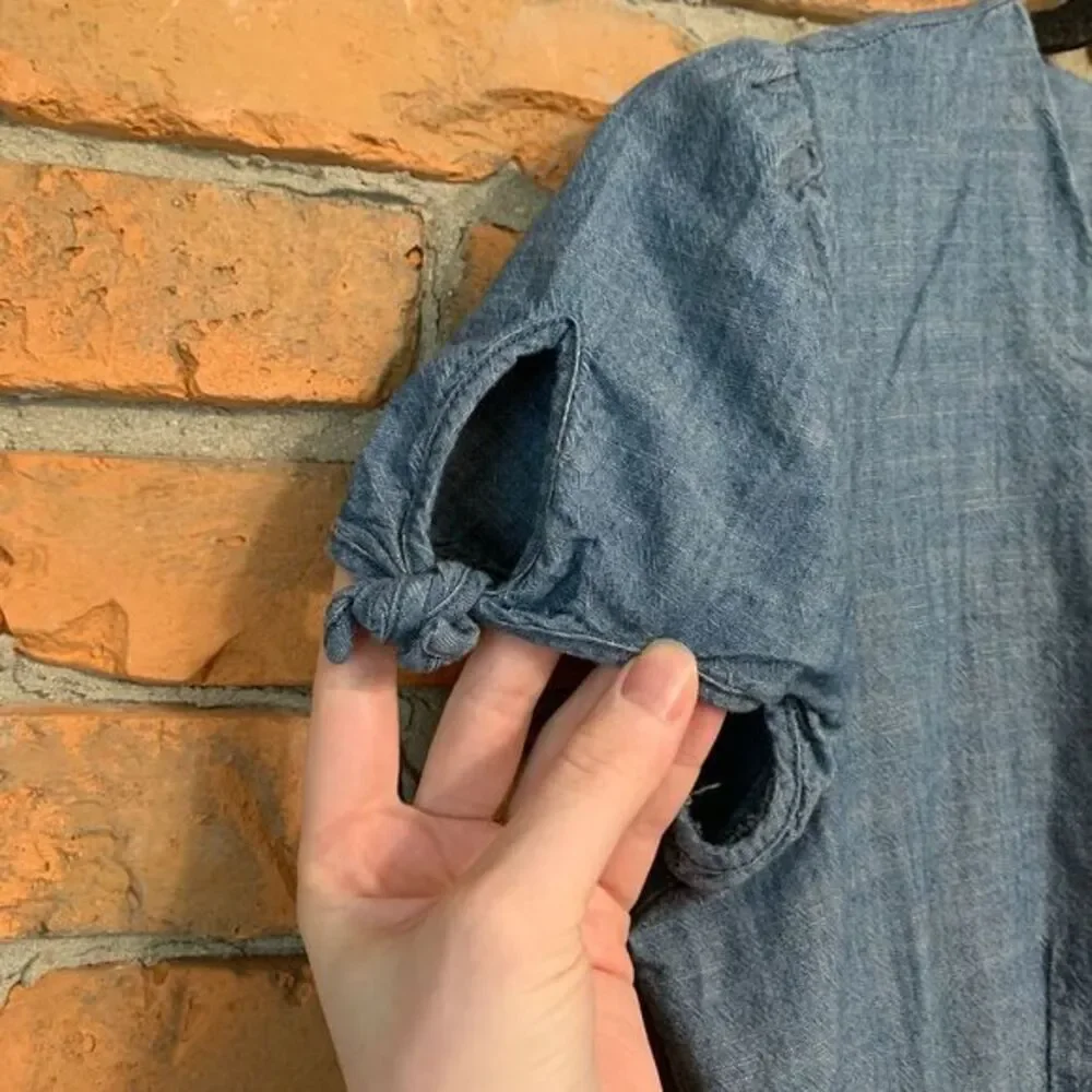 J. Crew‎ Chambray Dress Womens 2 Blue V-Neck Short Sleeve Tie Detail Casual Mini - Picture 3 of 8